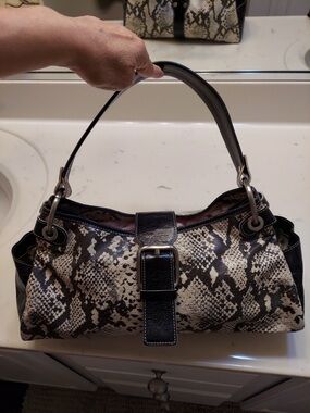 Red Snake-Print Shoulder Bag with Black Trim and Buckle